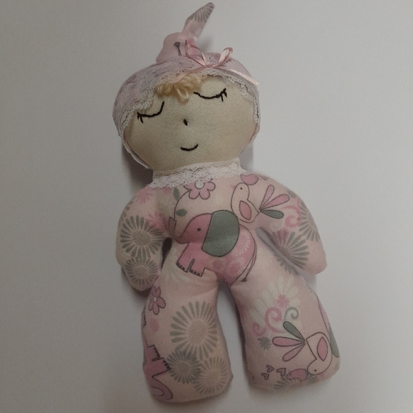 Handmade Girl First Doll 9.5 Inches. Pink and Gray Onesie with Matching Cap - Picture 3 of 4